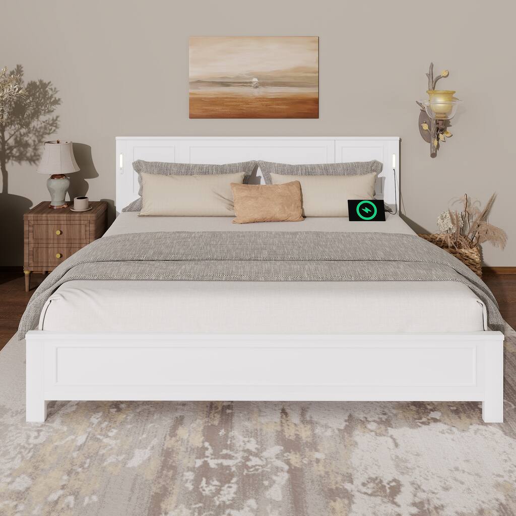 King Size Bed with Tall-Panel Headboard & Footboard, Built-in LED Lights, USB Charging Station, with Strengthened Bed Frame