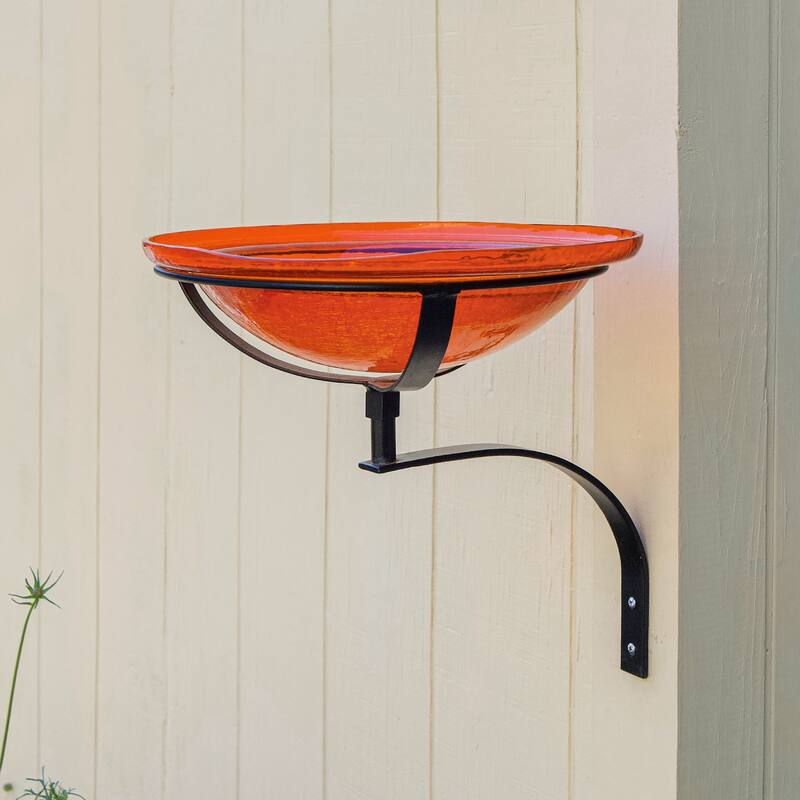 Achla Designs Reflective Crackle Glass Birdbath Bowl With Wall Mount Bracket, 12.5 Inch Diameter, Mandarin Orange