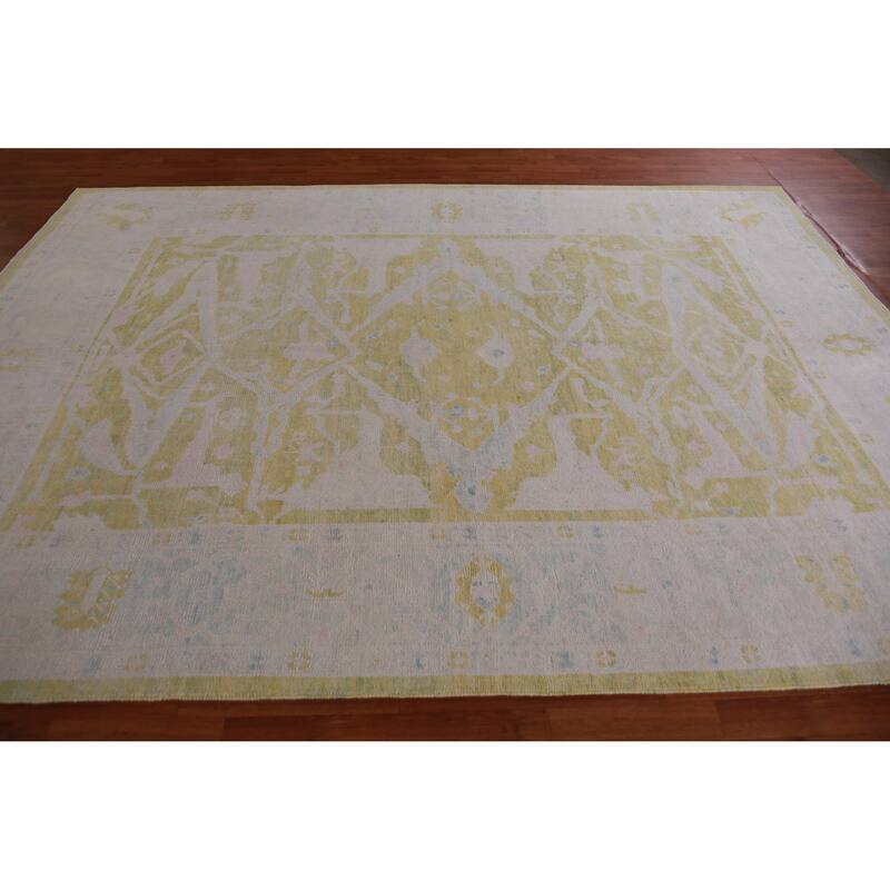 Hand Knotted Oriental 100% Wool Carpet Transitional All-Over Green Oushak Area Rug - 10' 11'' X 8' 0''