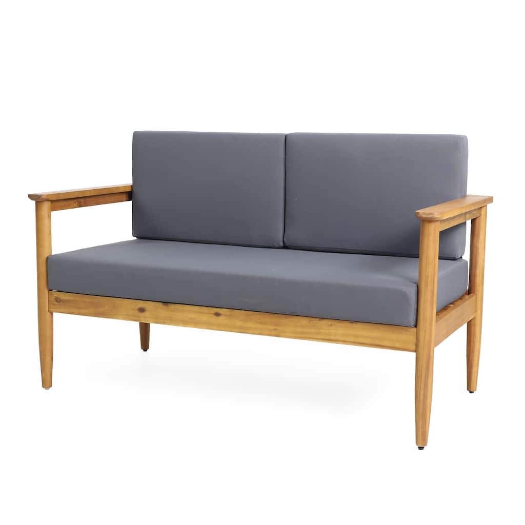 Gavie Outdoor Loveseat, Teak Brown Acacia Wood, Gray Fabric 53 Inch