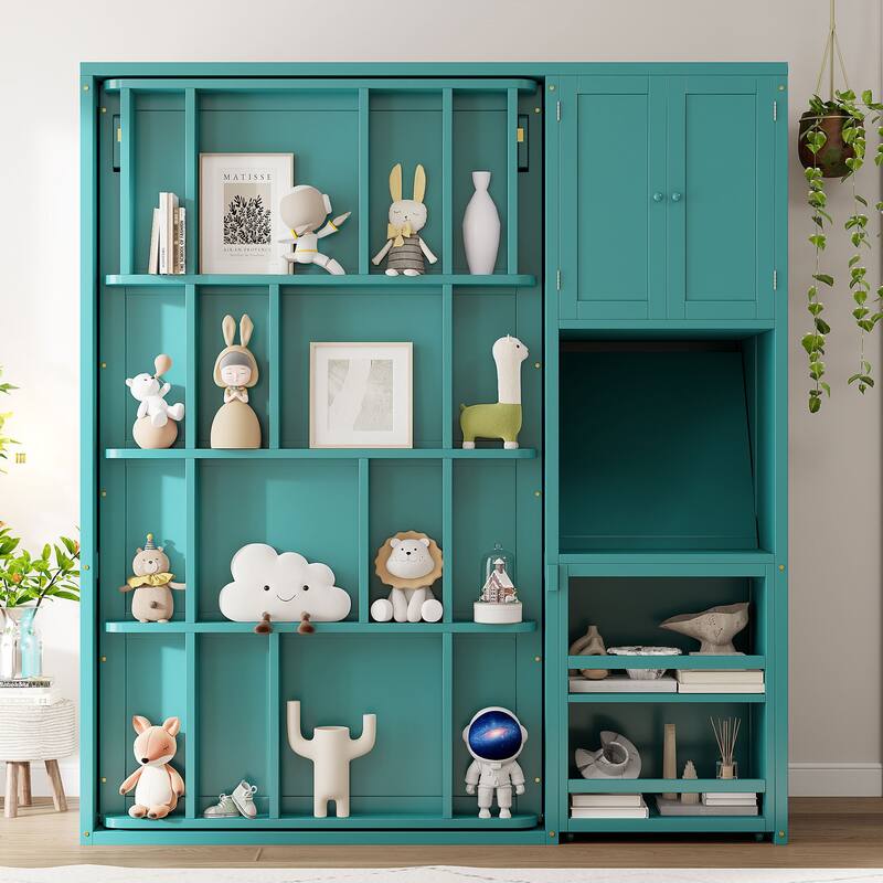 Twin Size Rotating Murphy Wall Bed with Bookshelf, Top Cabinet, Modern Foldable Cabinet Bed with Extendable Desk, Side Storage