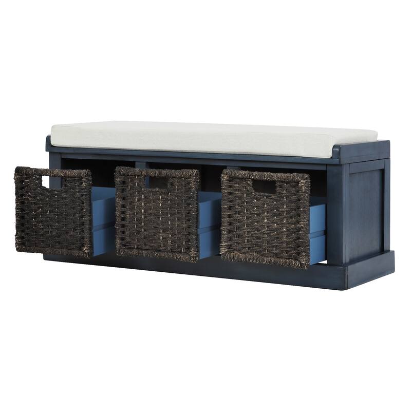Antique Navy Entryway Classic Storage Bench with 3 Removable Rattan Baskets, Removable Cushion