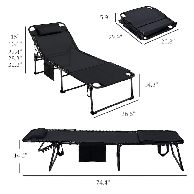 2-Piece Outdoor Folding Lounge Chairs with Adjustable Backrest, Headrest Pillows and Side Storage Pockets for Beach Yard Patio