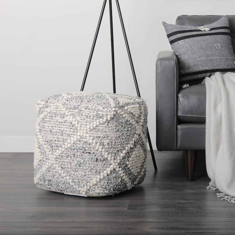 Mercana "Ekiya" Black & White Yarn / Wool Patterned Square Pouf