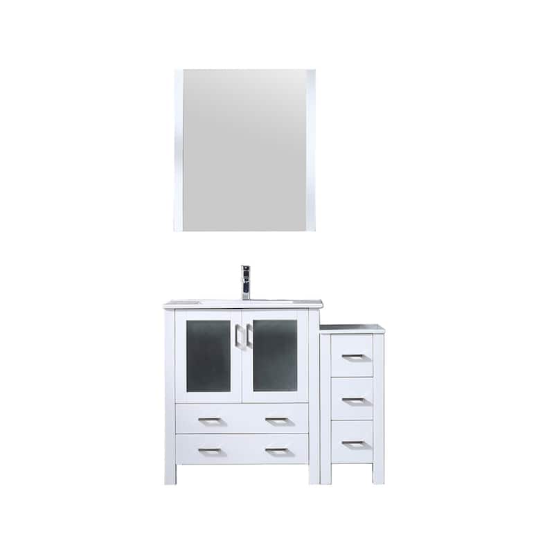 42" Navy Blue Bathroom Vanity with Side Cabinet, White Ceramic Countertop, Monte Faucet Set, and 28" Mirror - 42 in W Wood - White