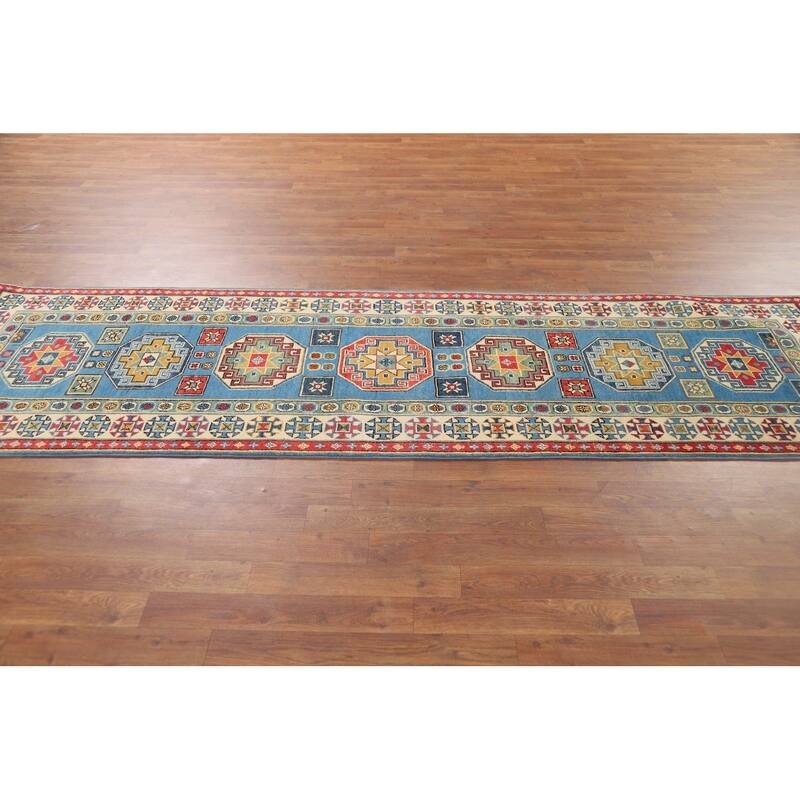 Blue Kazak Runner Rug Hand-Knotted Wool Carpet - 2'9" x 9'3"
