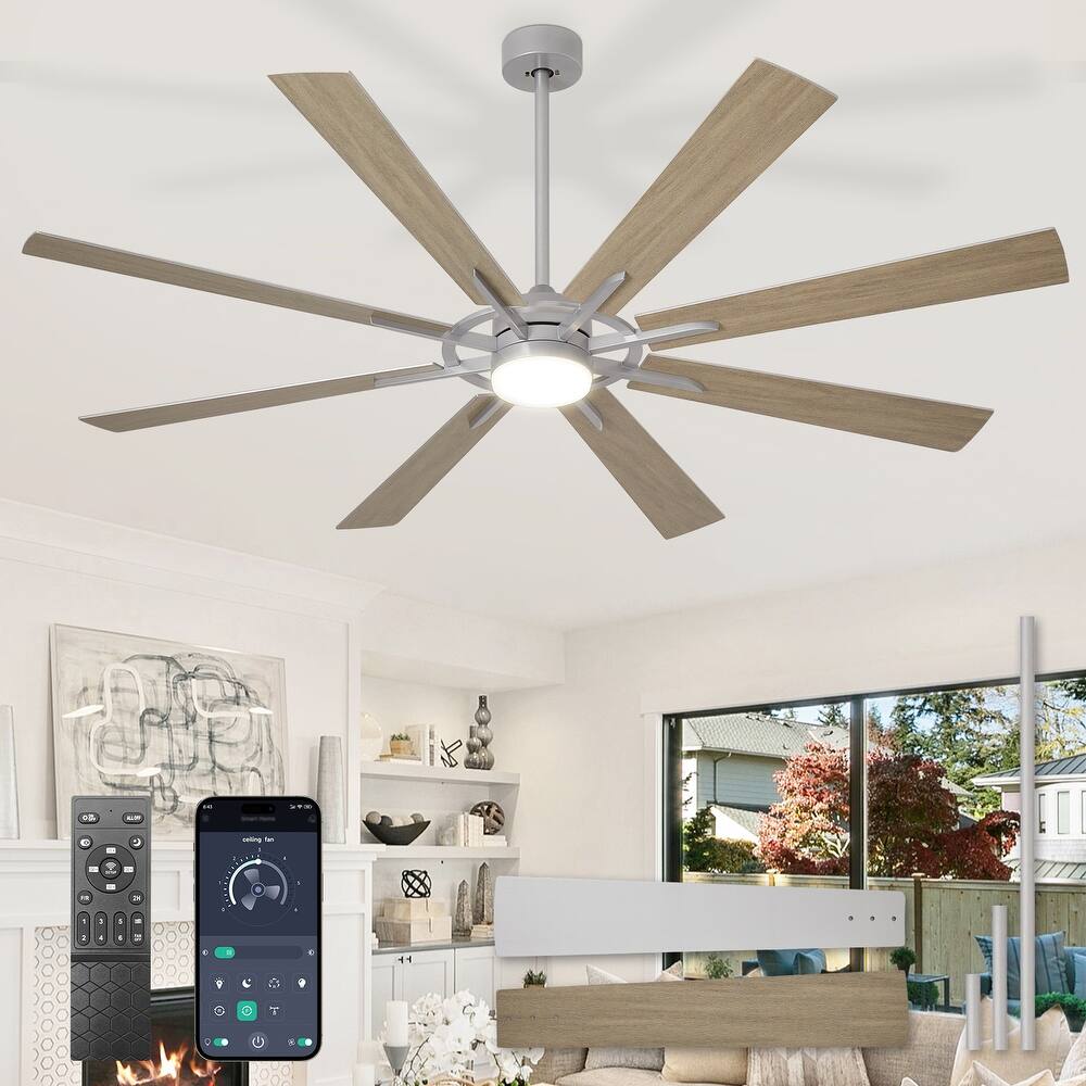 Modern 72 Inch 8 Blade Outdoor large Ceiling Fans with Lights: Dimmable Indoor Reversible 6 Speed Quiet DC Motor