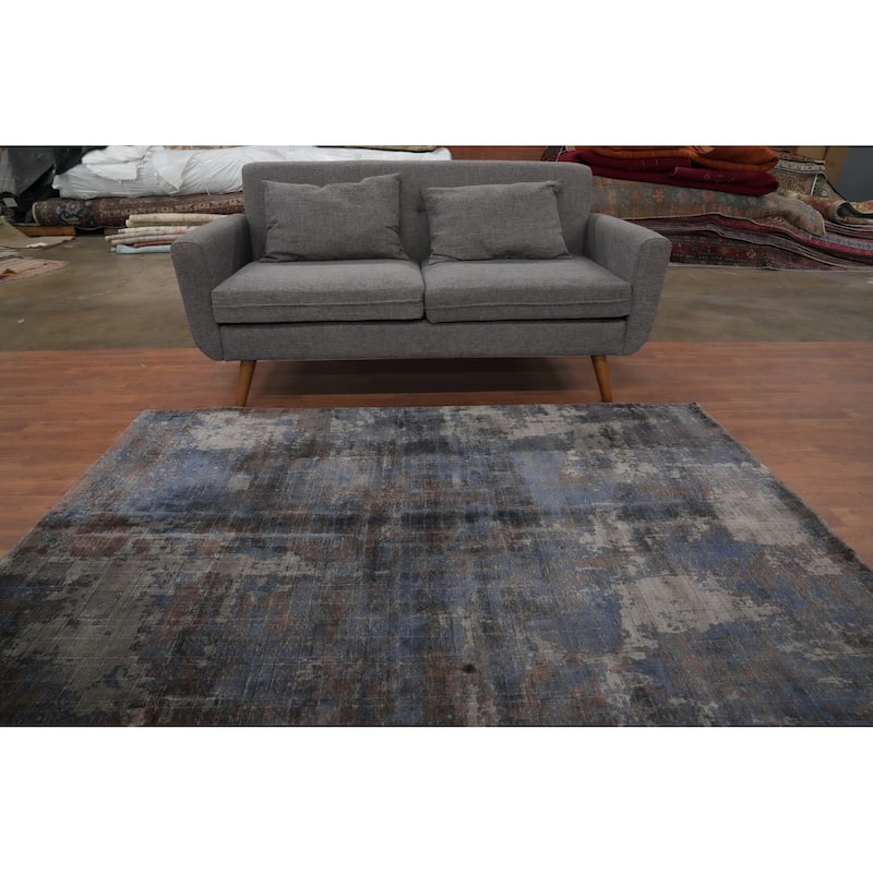 Hand Knotted Oriental Viscose Silk Carpet Modern Abstract Greys & Charcoal Abstract Area Rug - 6' 9'' X 4' 9''