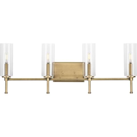 Elara Collection Four-Light Vintage Brass Clear Glass Vanity Light - 31.65 in x 5.12 in x 11.5 in