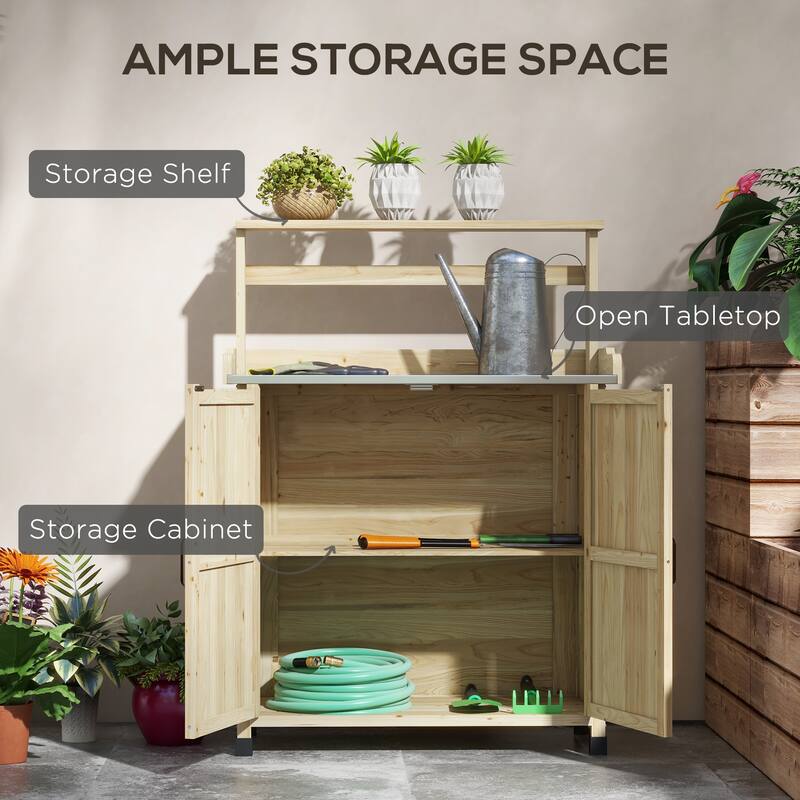 Potting Bench, Wooden Potting Table with Storage Cabinet with 2 Shelves, Garden Work Bench with Galvanized Plated Tabletop