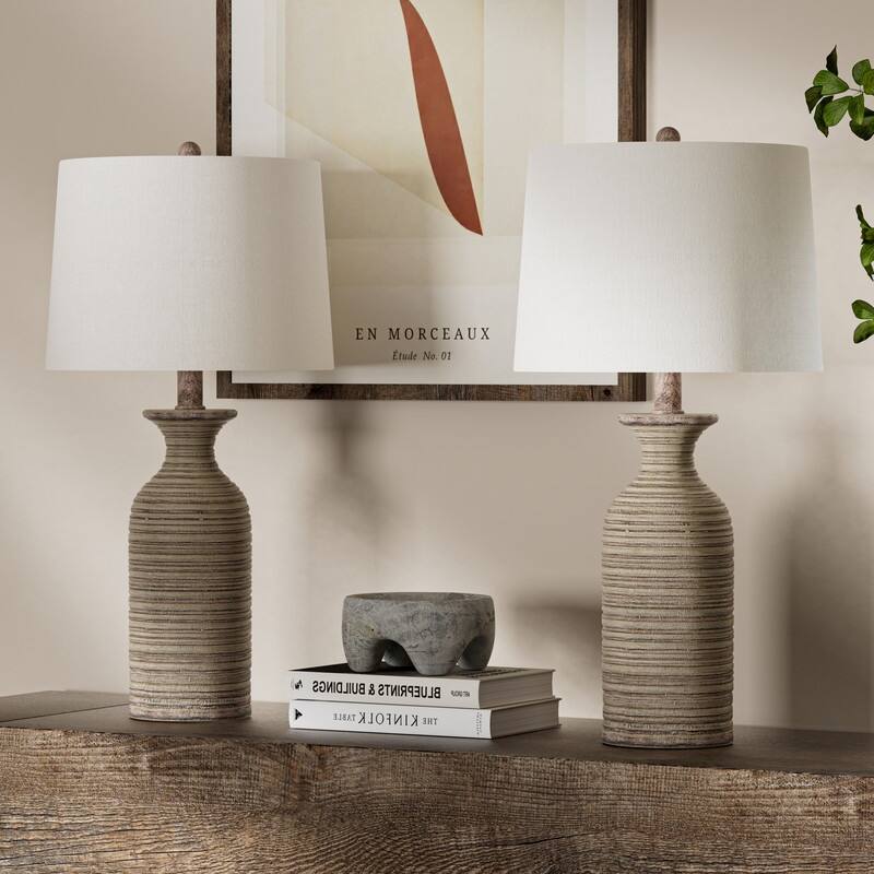 KAWOTI Farmhouse Resin Table Lamp with Drum Shade (Set of 2) - W12" x H23"