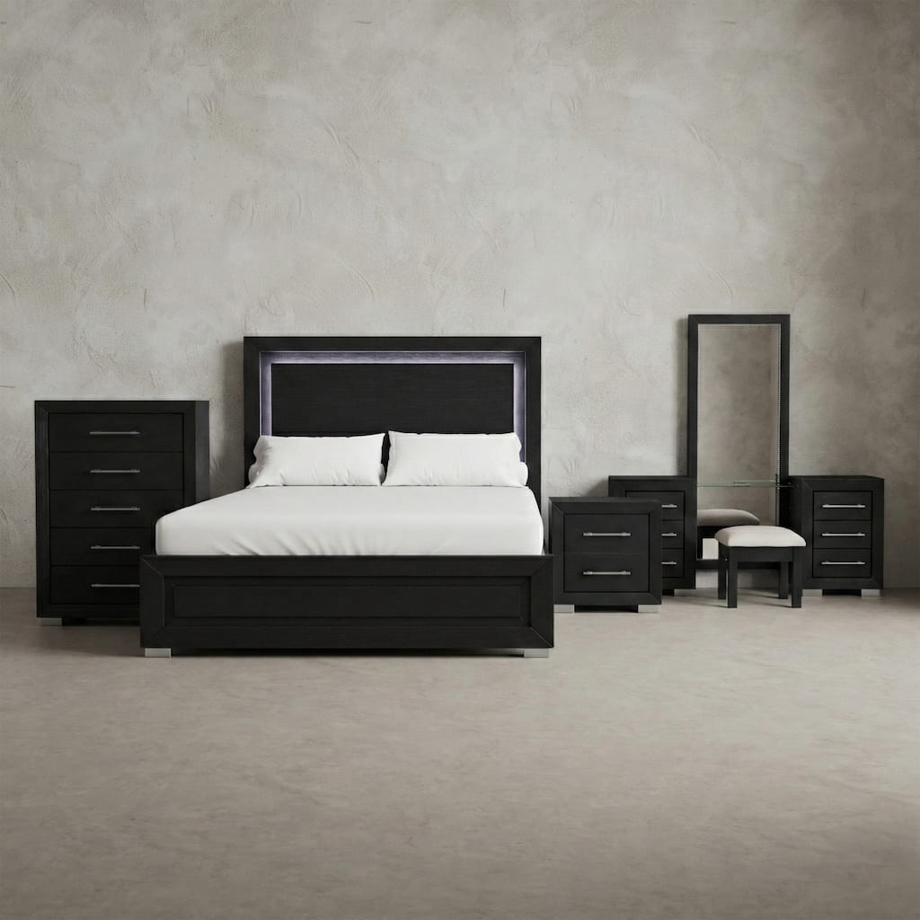 Furniture of America Alaric Modern Black Solid Wood 4-Piece Bedroom Set with 69-inch Makeup Vanity, Chest and Nightstand