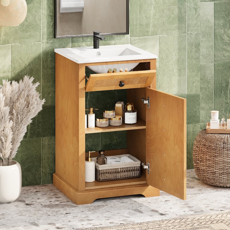 20" Bathroom Vanity with Integrated Ceramic Sink, Bathroom Cabinet with Soft-Closing Door, Solid Wood Bottom Frame