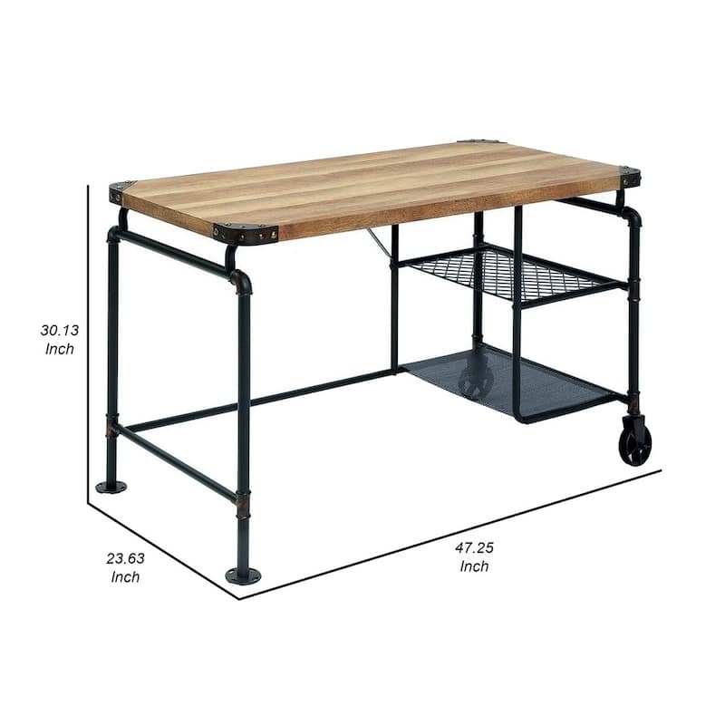 47 Inch Writing Desk, Industrial Caster Wheel, Black Metal, Brown Wood