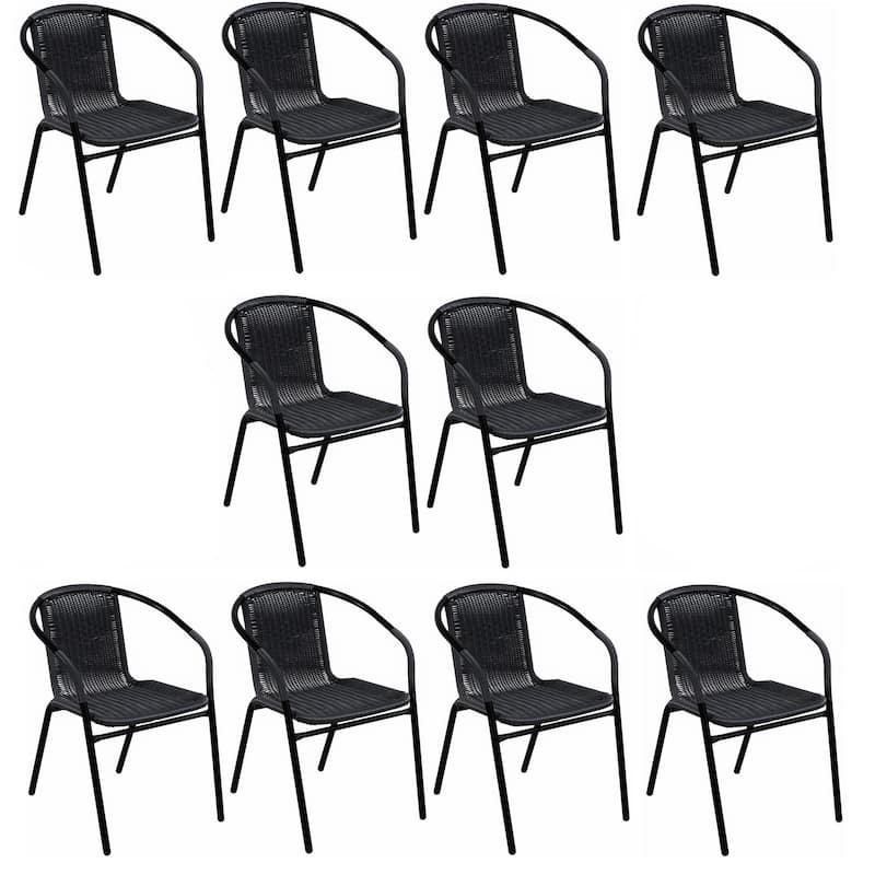 BTEXPERT Indoor Outdoor 10 - Set of Ten Black Restaurant Rattan Stack Chairs - Black