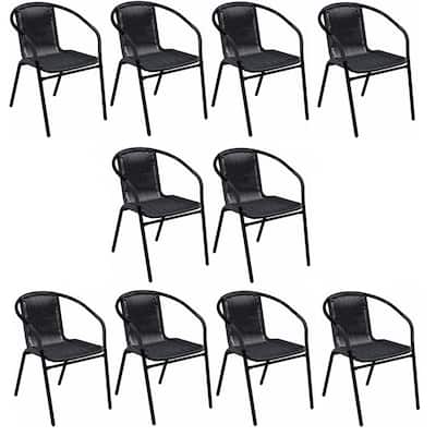 BTEXPERT Indoor Outdoor 10 - Set of Ten Black Restaurant Rattan Stack Chairs
