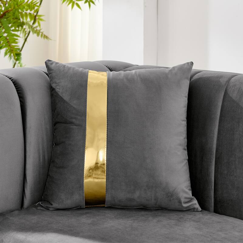 89 Inches Gray Velvet 3 Seater Luxury Sofa with Gold Stainless Steel Trims and Embroidered Texture