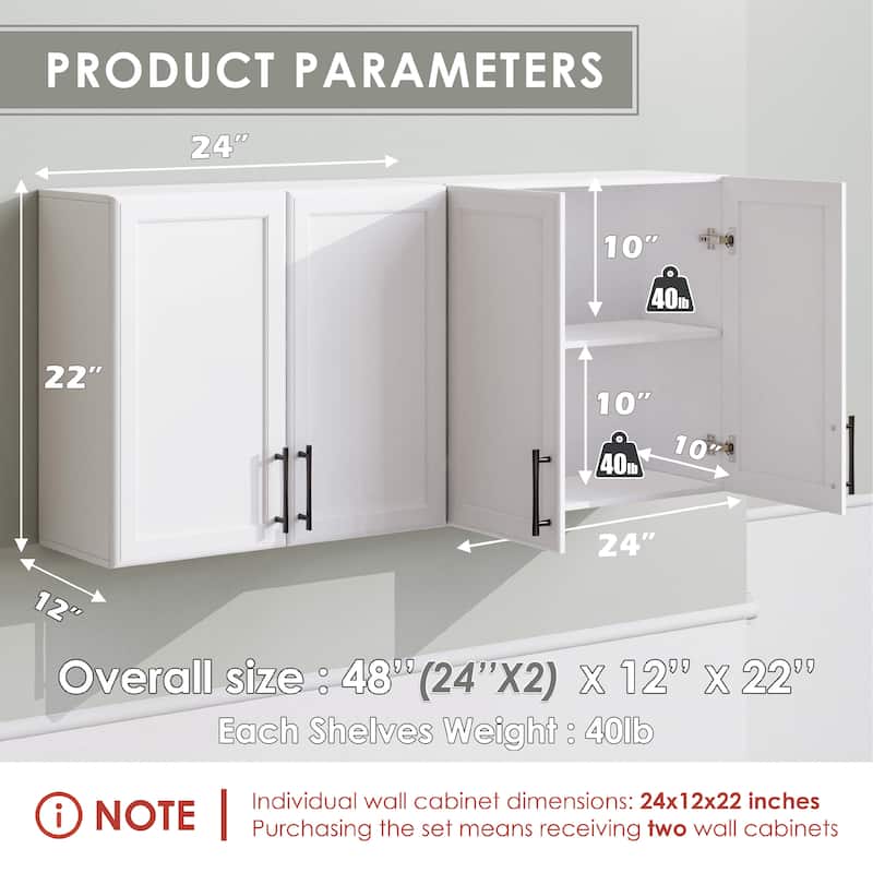 Shaker Style Wall Storage Cabinet with 2 Doors and Shelf Set of 2