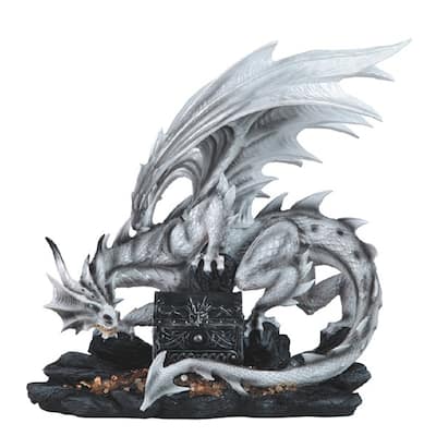 Q-Max 20"W Medieval White Dragon with Treasure Chest Statue Fantasy Decoration Figurine Large Sculpture