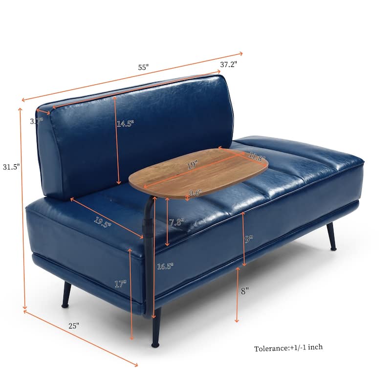 55 Inch Wide PU Sofa Bench with 360-degree Swivel Side Table and Metal Legs