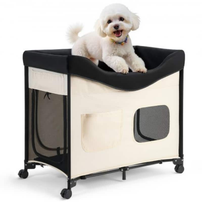 Beige Carbon Steel Dual-Level Pet Bed with Wheels and Foldable Design