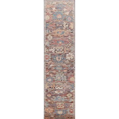 Hand Knotted Oriental 100% Wool Carpet Transitional Floral Multi-Colored Oushak Runner Rug - 19' 4'' X 2' 5''