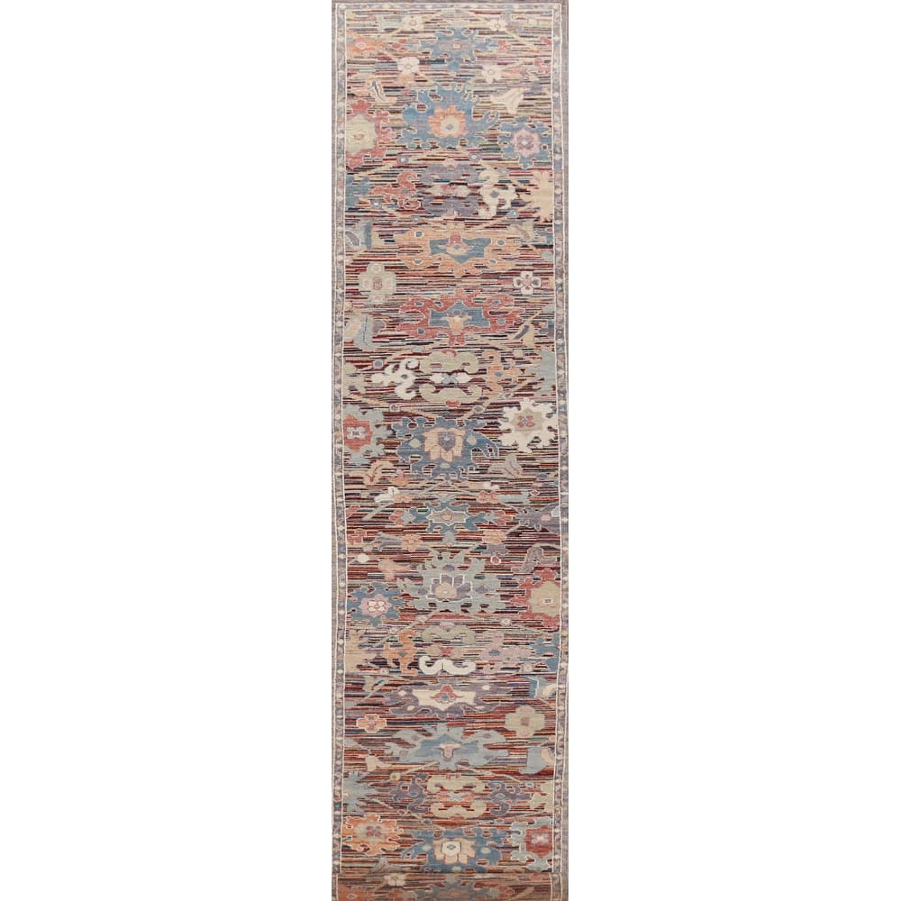 Hand Knotted Oriental 100% Wool Carpet Transitional Floral Multi-Colored Oushak Runner Rug - 19' 4'' X 2' 5''