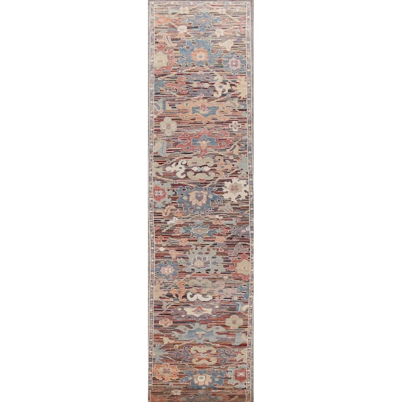 Hand Knotted Oriental 100% Wool Carpet Transitional Floral Multi-Colored Oushak Runner Rug - 19' 4'' X 2' 5''
