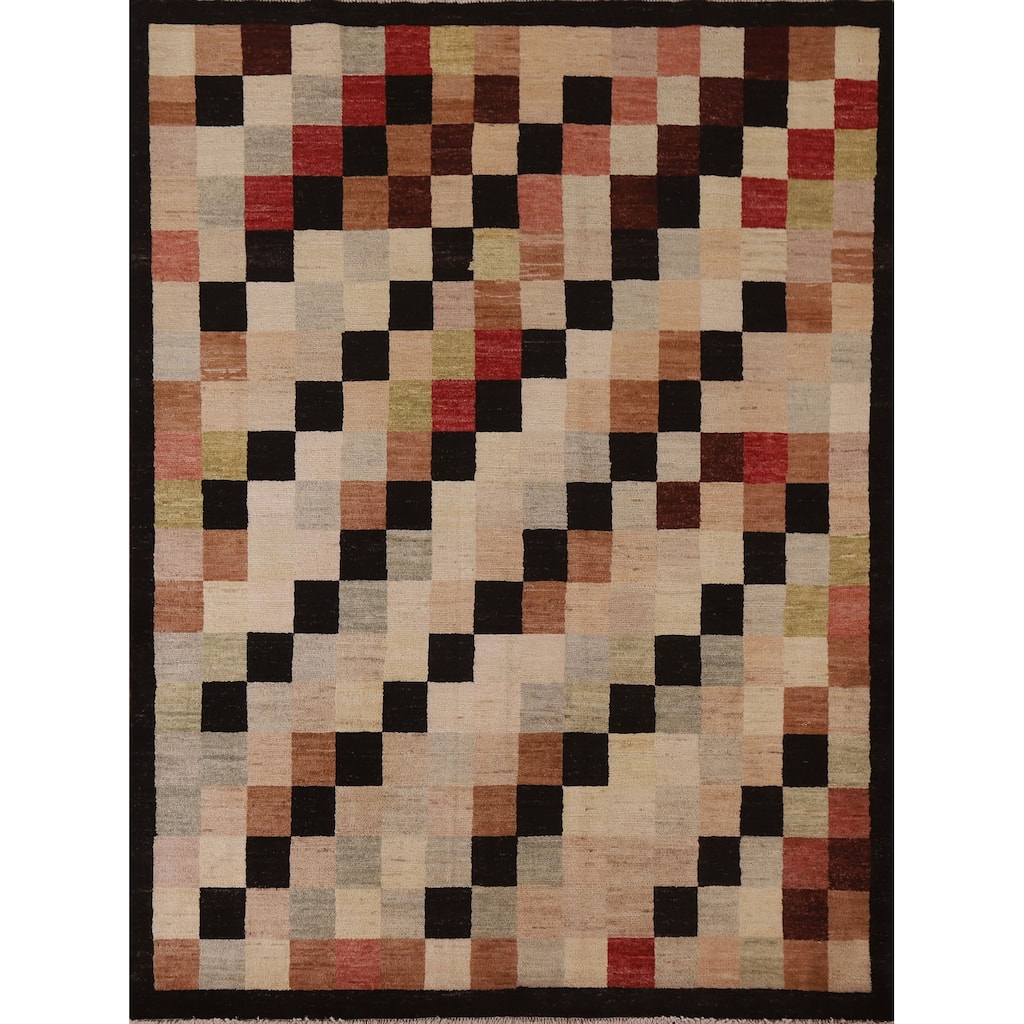 Modern Checkered Gabbeh Kashkoli Area Rug Hand-knotted Wool Carpet - 5'0" x 6'2"