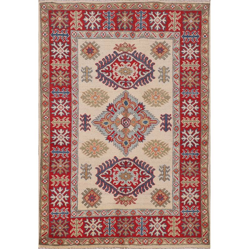 Geometric Ivory Kazak Oriental Accent Rug Hand-Knotted Wool Carpet - 3'5"x 4'11"
