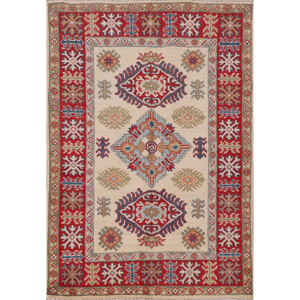 Geometric Ivory Kazak Oriental Accent Rug Hand-Knotted Wool Carpet - 3'5"x 4'11"
