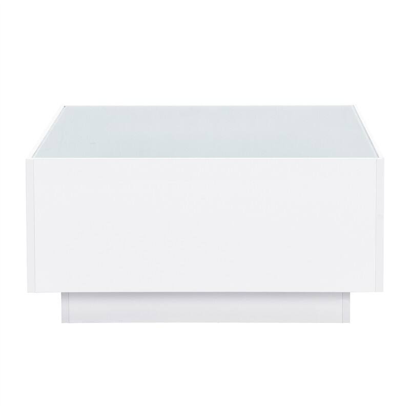 Square Hight Glossy Coffee Table with 16-color LED Strip Lights, Modern Center Table with 5mm Frosted Tempered Glass Top