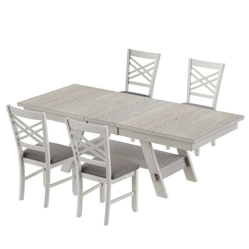 VECELO 5/7-Piece Dining Table Set, Solid Wood Rectangular Extendable Dining Table & 4 Solid Wood Dining Chairs