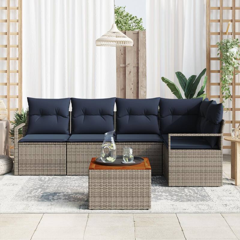 vidaXL 6 Garden Sofa Set with Cushions Black/Grey Poly Rattan - 91.3 x 48 x 27.2