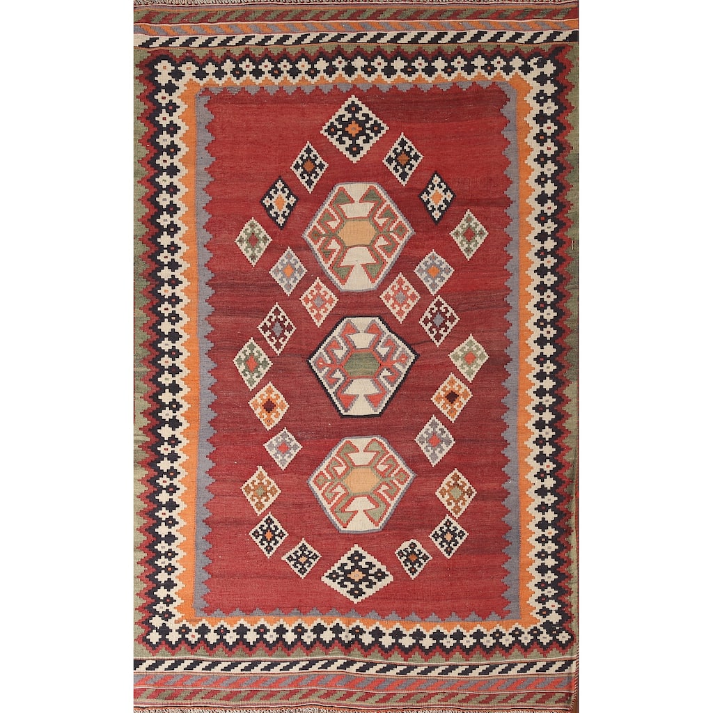 Red Kilim Qashqai Persian Area Rug Hand-Woven Wool Carpet - 4'1" x 6'8"
