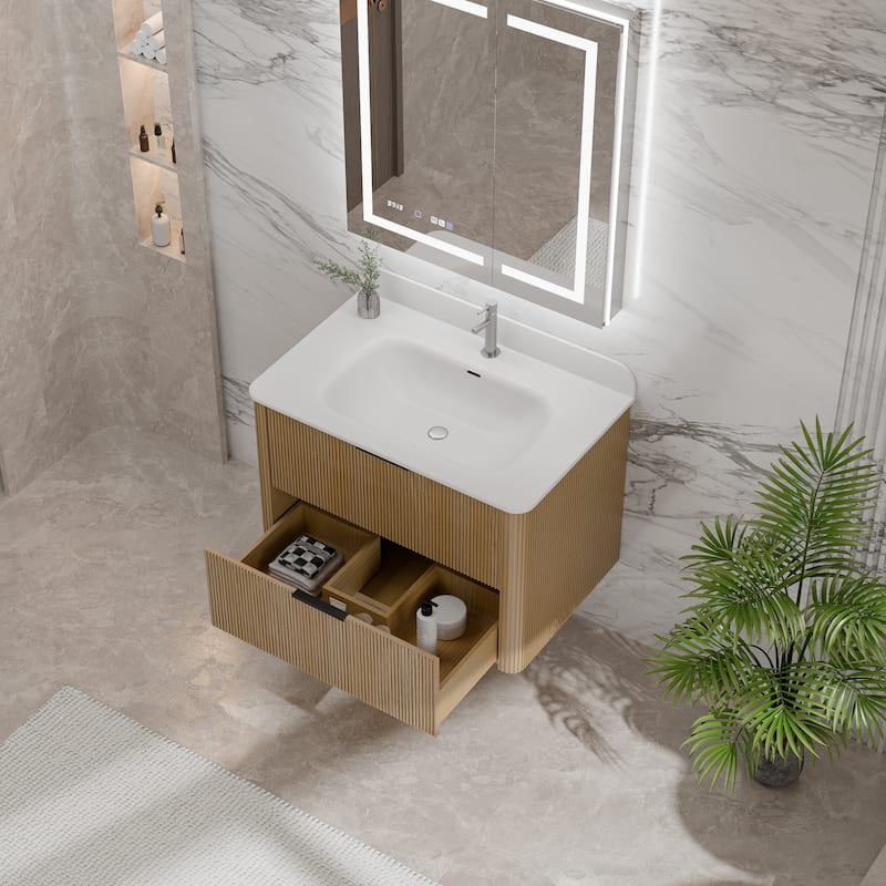 Modland Fluted Floating Vanity with Sink, Plywood Wall Mount Cabinet, Curved Edge, 24/30/36 Inch