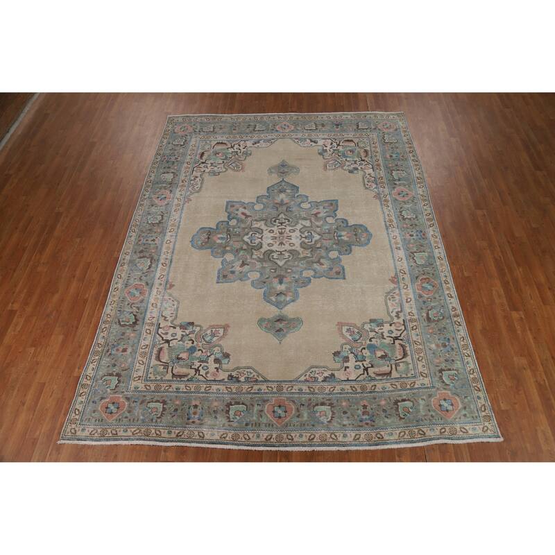 Geometric Beige Tabriz Persian Vintage Rug Hand-Knotted Wool Carpet - 8'3" x 11'0"