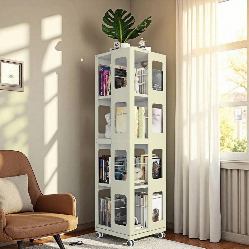 Rotating Bookshelf Tower 4 Tier All-Steel with 360° Wheels，Moveable Storage Rack Corner Bookshelf