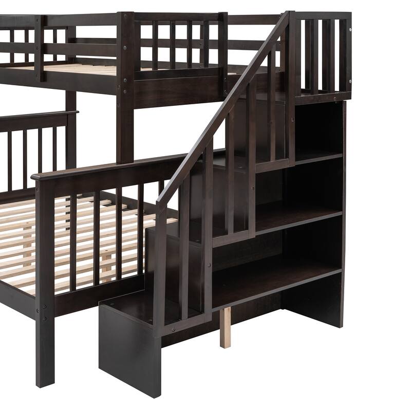 Twin Over Full Bunk Bed with Staircase and Built-In Storage Drawers, Sturdy Pine Wood Frame, Guardrails, for Adults, Kids