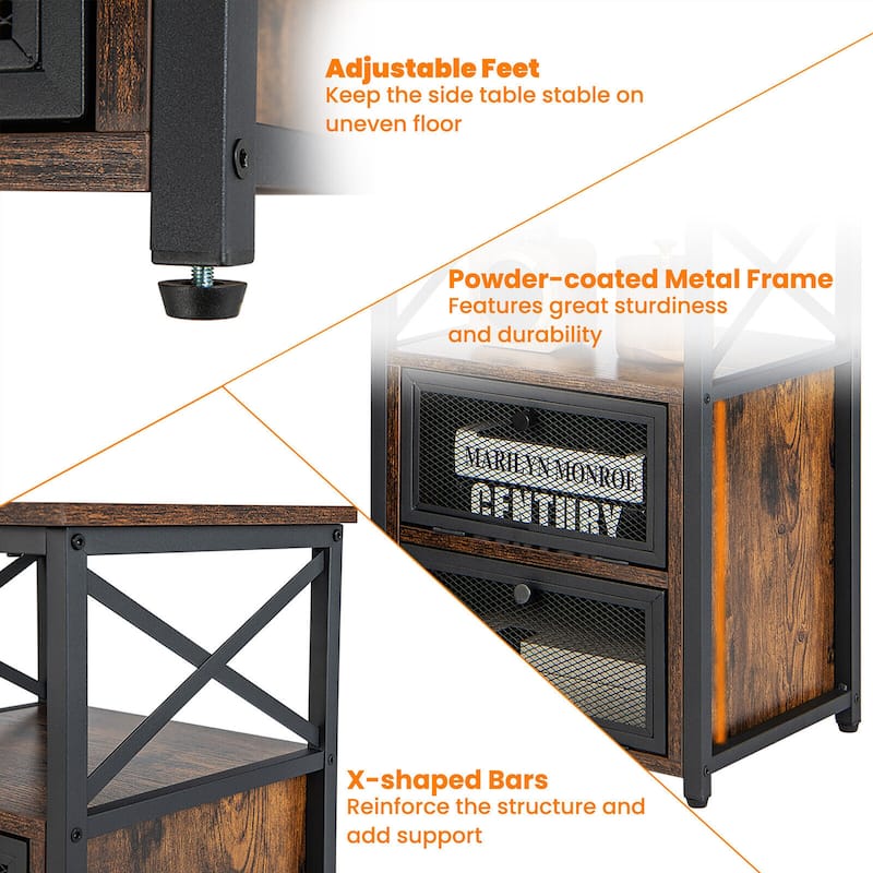 Gymax 2PCS Side End Table Nightstands w/ 2 Open shelves & 2 Flip