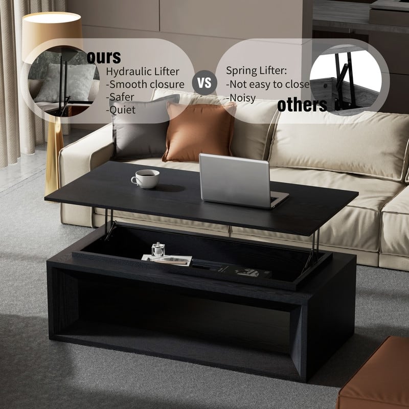 43.3" Lift-Top Coffee Table, Solid Wood Veneer Modern Accent Table with Storage and Adjustable Height
