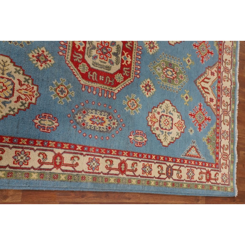 Light Blue Geometric Kazak Area Rug Hand-Knotted Oriental Wool Carpet - 4'3" x 6'4"
