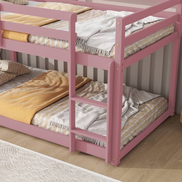 slide 2 of 8, Classic Wooden Bunk Bed,Twin over Twin Floor Bunk Bed Pink