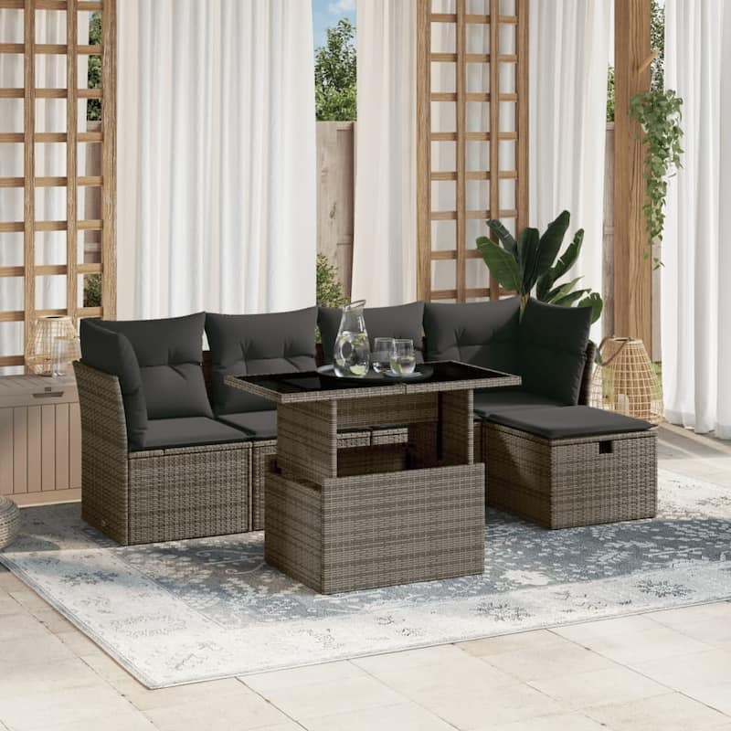 vidaXL Patio Sofa Set with Cushions Outdoor Furniture 6 Piece Poly Rattan - 21.7 x 39.4 x 28.7 in - Grey
