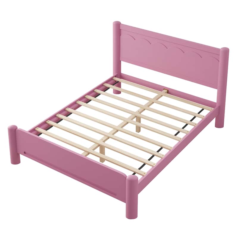 Queen Size Pink Wood Platform Bed with Headboard, Solid Wood Legs, 10-Slat Mattress Foundation, No Box Spring Needed