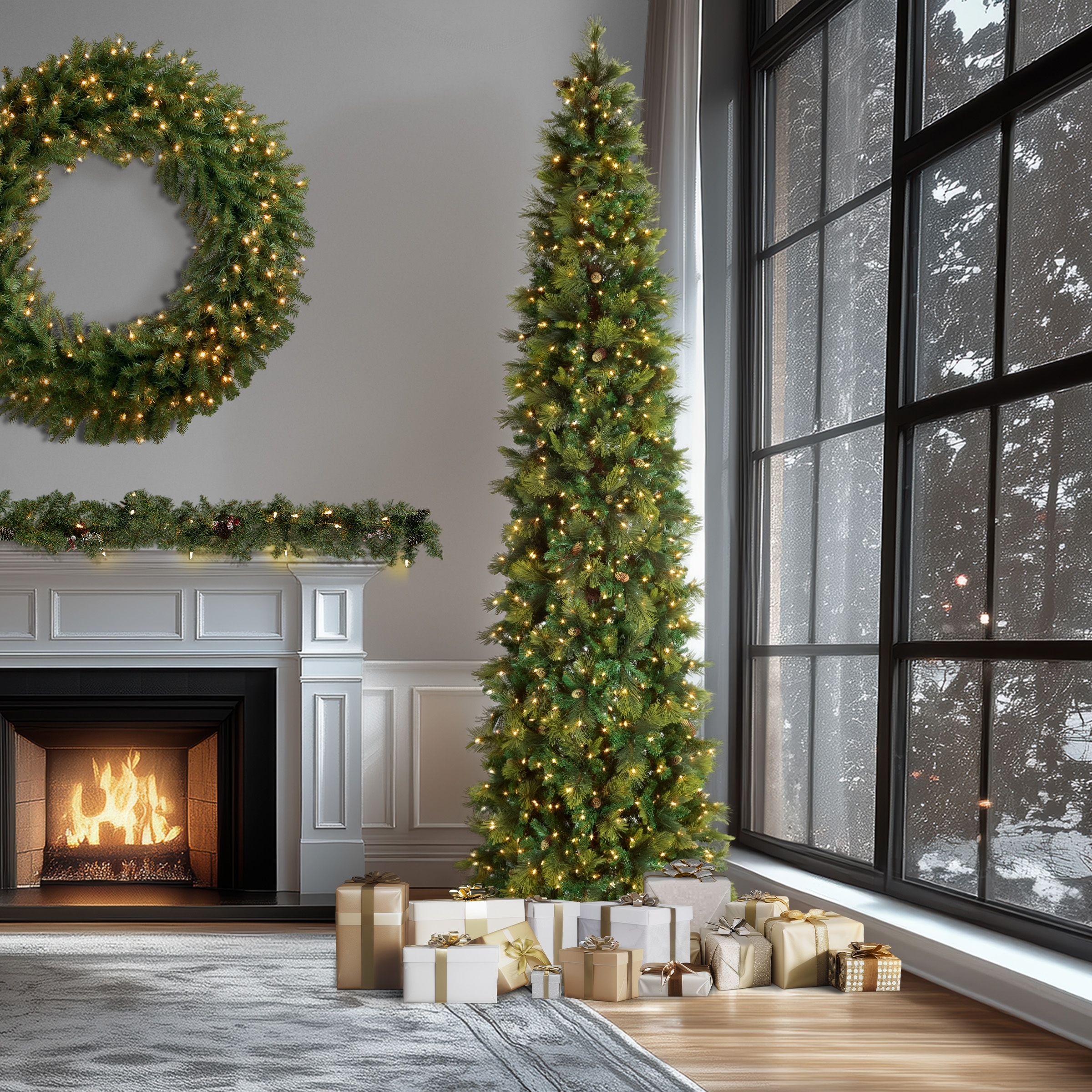 National Tree Company 12 ft Pre-Lit Carolina Pine Slim Artificial Christmas Tree, 1,000 Clear Lights, Includes Stand, Green