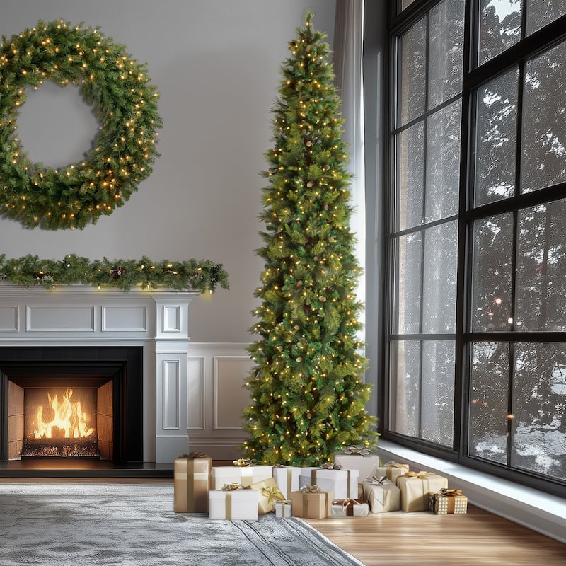 National Tree Company 12 ft Pre-Lit Carolina Pine Slim Artificial Christmas Tree, 1,000 Clear Lights, Includes Stand, Green