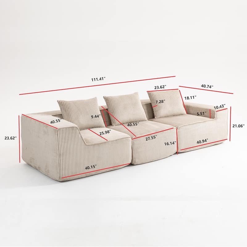 Modular Sectional Sofa with Pillows, Corduroy Upholstered 3-Seater Sofa, All-Compressed Foam Sofa for Living Room, Apartment