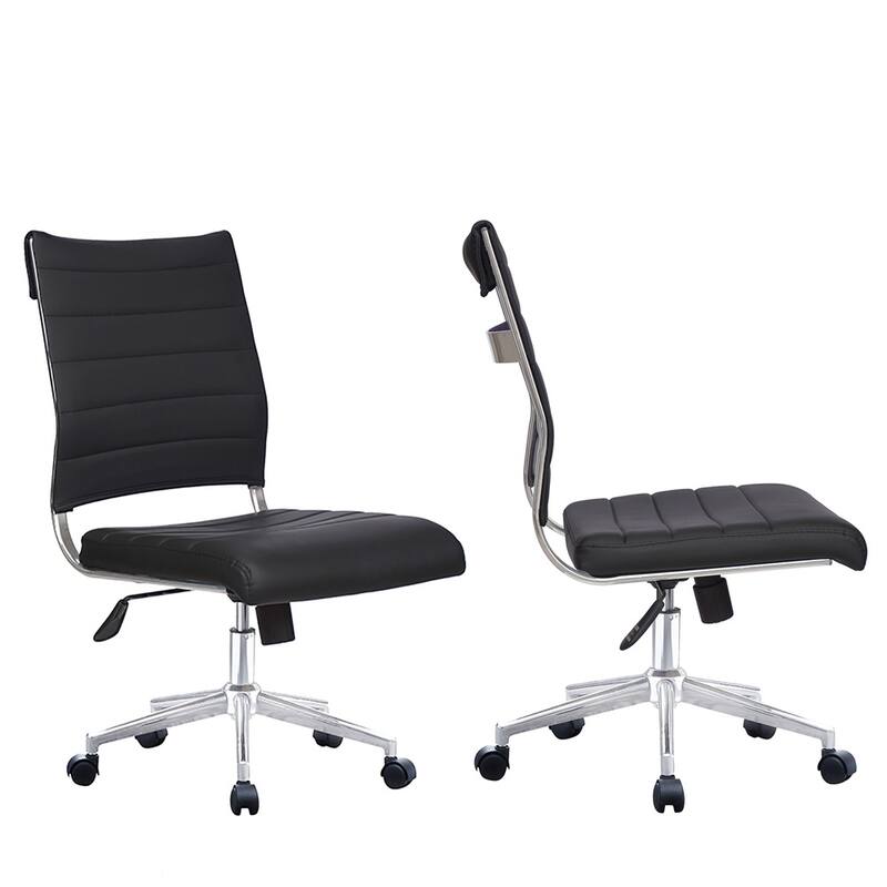 Set of 2 Modern Ergonomic Executive Mid back PU Leather Office Chairs No Arms Rest Tilt Adjustable Height With Wheels - Black