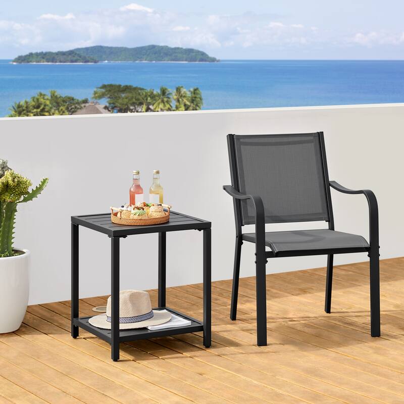 Yaheetech Double-layer Outdoor End Table with Slatted Design and Storage Bottom Shelf - Black